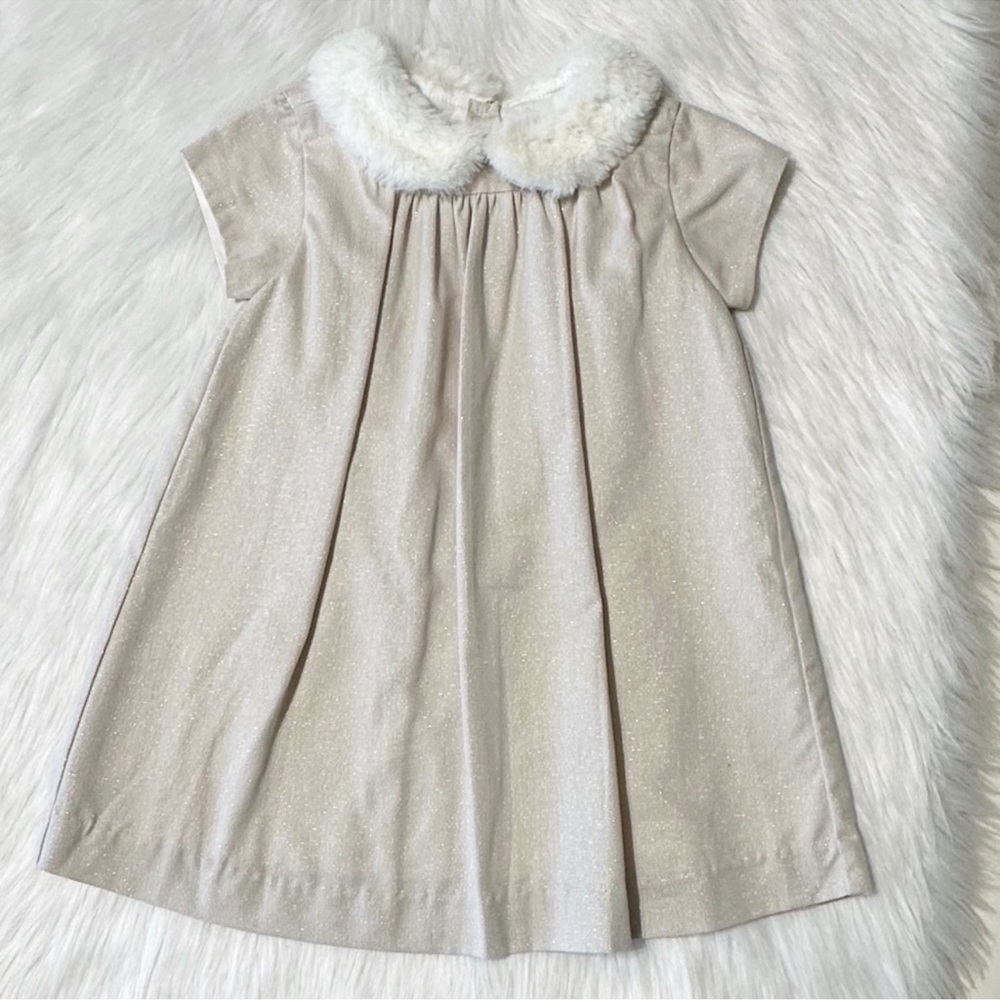 Bella Bliss Gold Herringbone Dress‎ with Faux Fur Collar